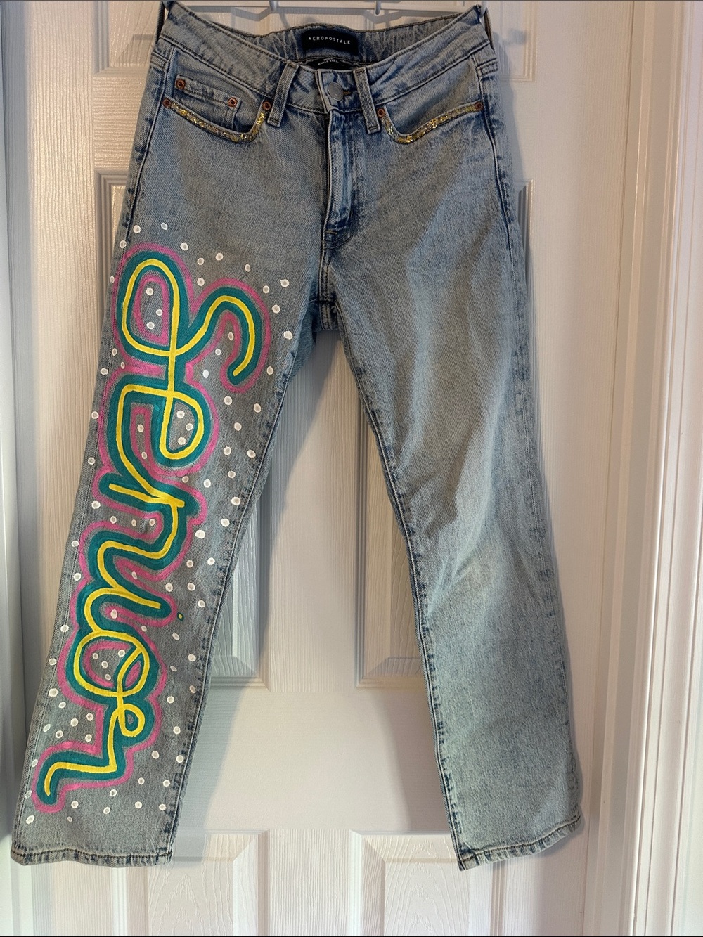 Aeropostale Light Wash Straight-Leg Jeans with Neon Script Art